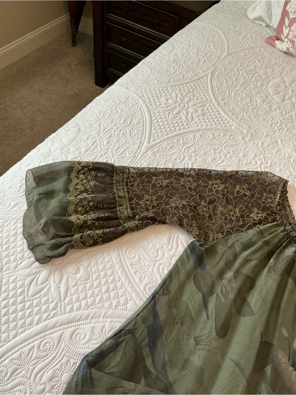 Sheer Olive Green Off-Shoulder Blouse with Lace Sleeves - Picture 3 of 4